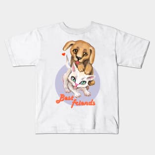 Cute small cat and dog. Sweet little baby pets. Kitten and puppy friends. Kids T-Shirt